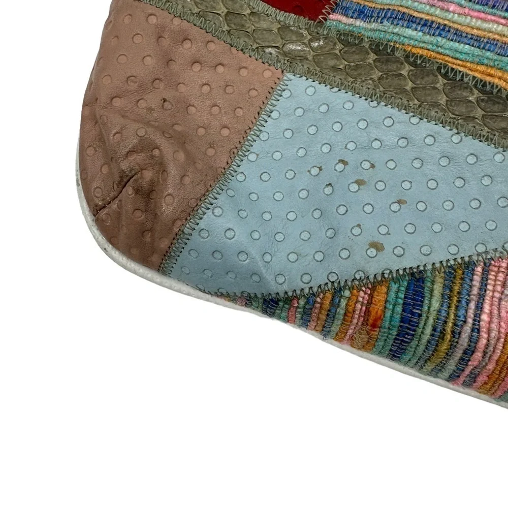 Vintage 80s Leather Snakeskin Textile Clutch Bag Multi‎ Color Flap Front Purse